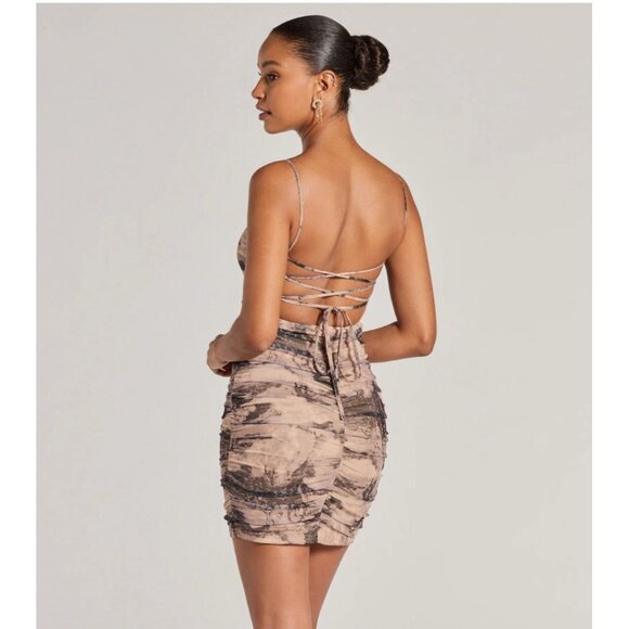 Windsor Lace-up Back Mini Dress M Taupe Abstract Ruched Side/Back 90s Y2K Party - Picture 14 of 14